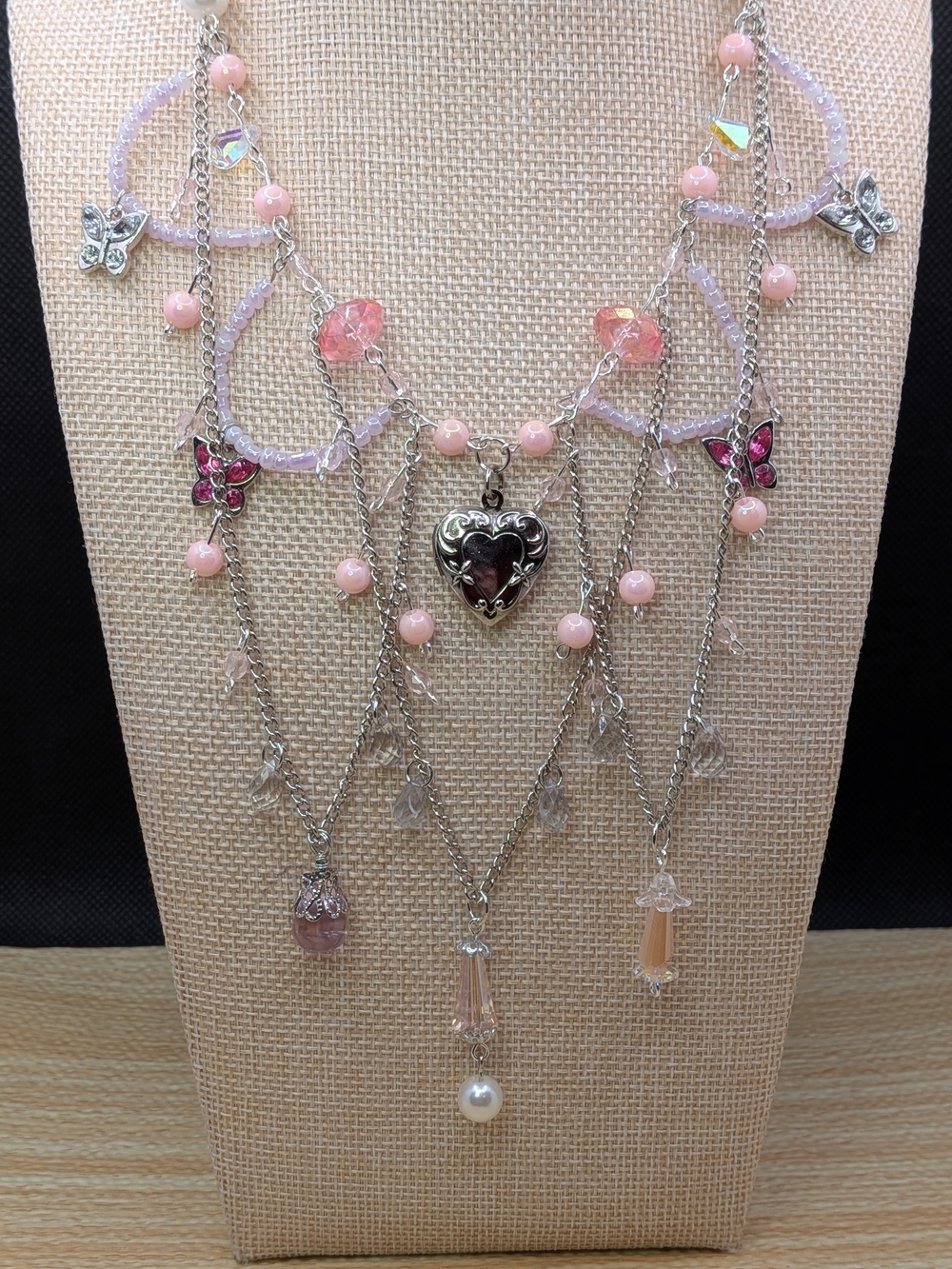 Handmade Pink Princess Multi-Strand Locket Charm Necklace - Cottagecore/Coquette